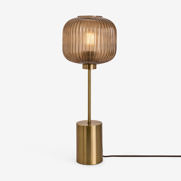 Briz Large Table Lamp in Antique Brass with Ribbed Amber Brown Glass Shade