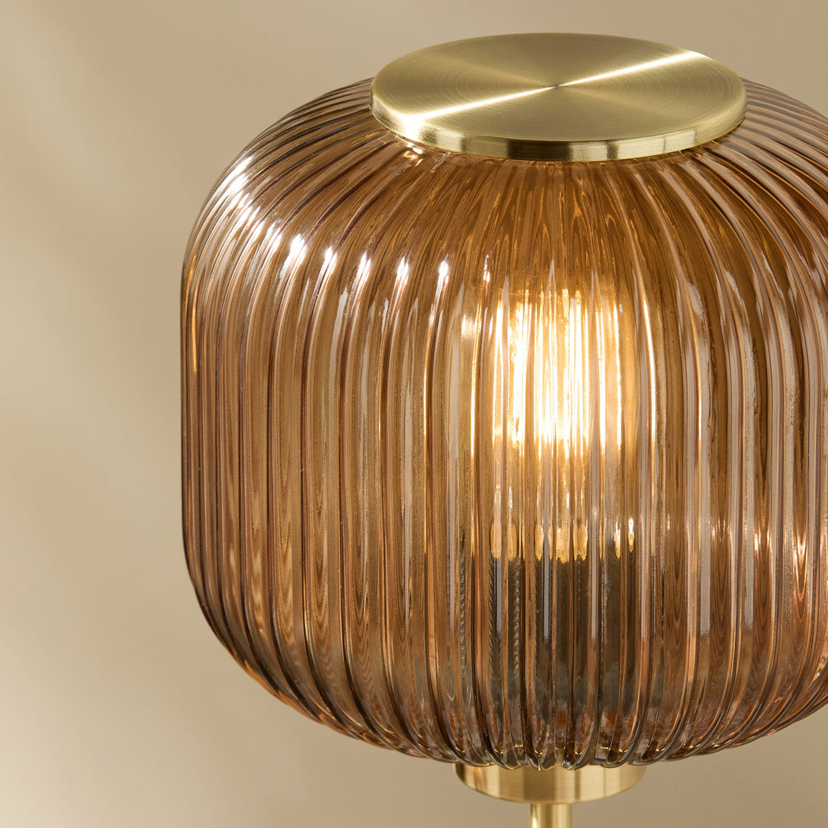 Briz Large Table Lamp in Antique Brass with Ribbed Amber Brown Glass Shade
