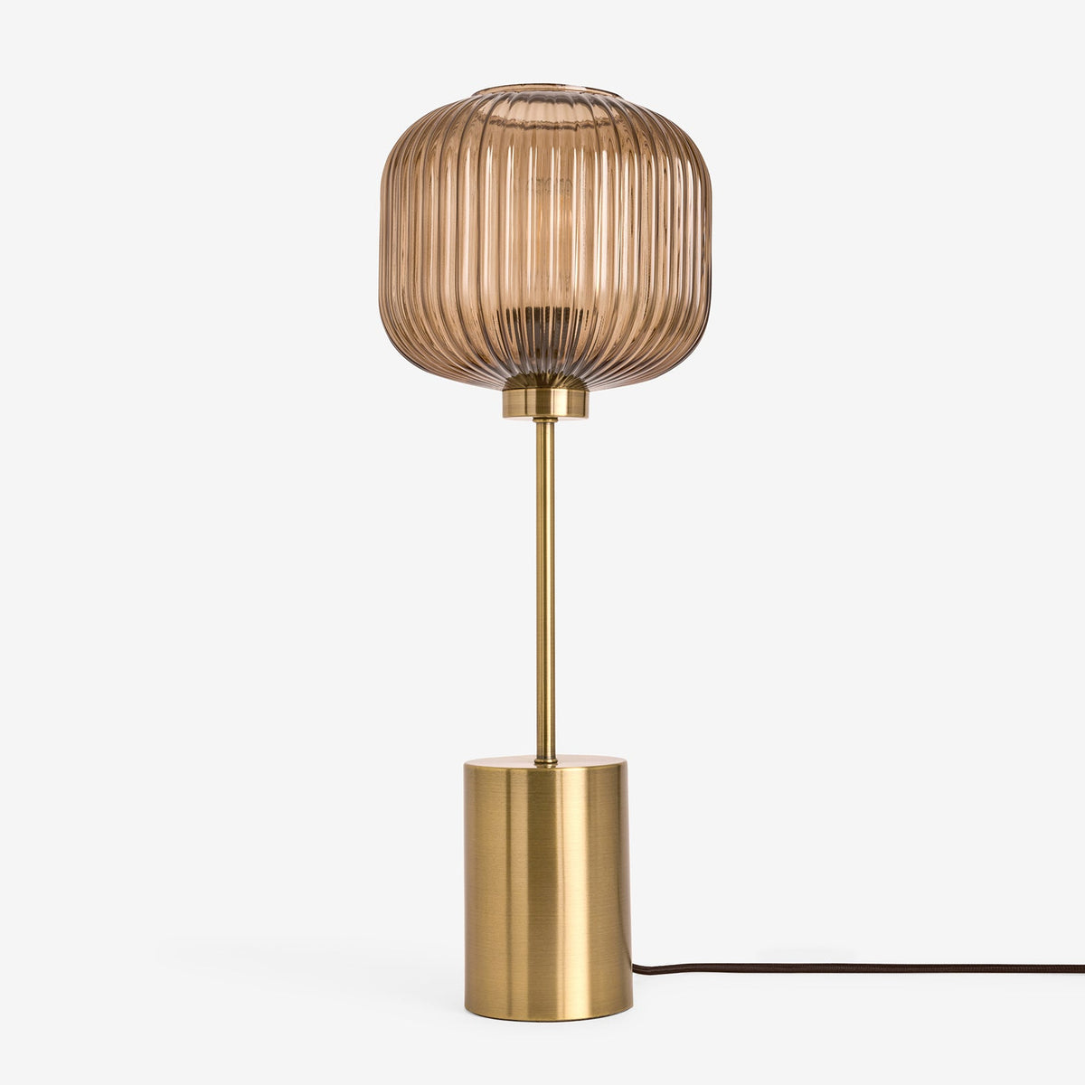 Briz Large Table Lamp in Antique Brass with Ribbed Amber Brown Glass Shade