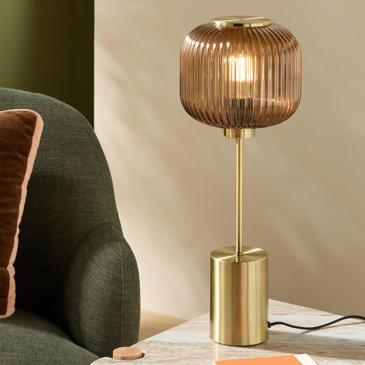 Briz Large Table Lamp in Antique Brass with Ribbed Amber Brown Glass Shade
