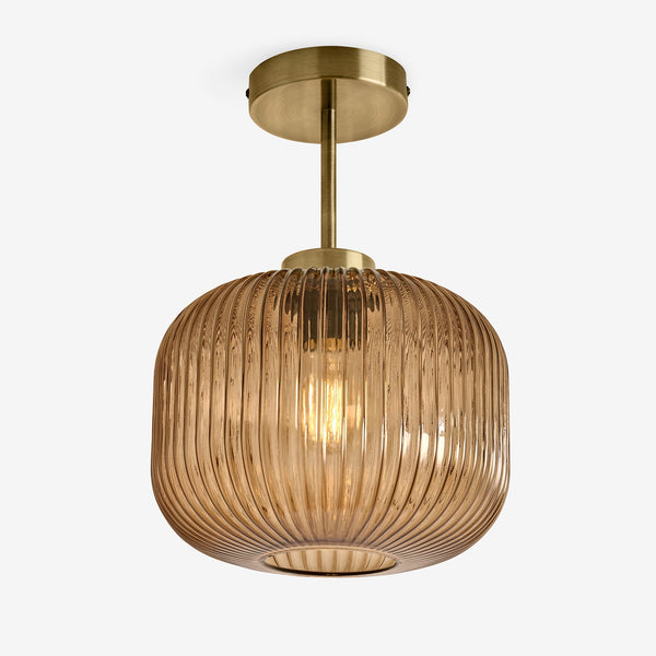 Briz Semi Flush Ceiling Light in Antique Brass with Ribbed Amber Brown Glass Shade
