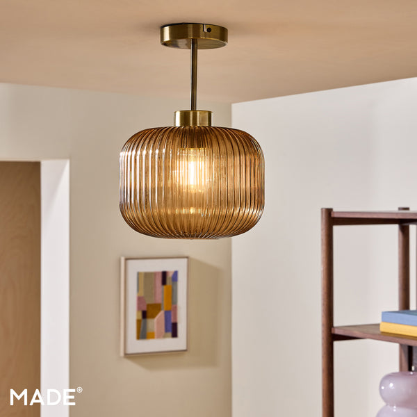 Briz Semi Flush Ceiling Light in Antique Brass with Ribbed Amber Brown Glass Shade