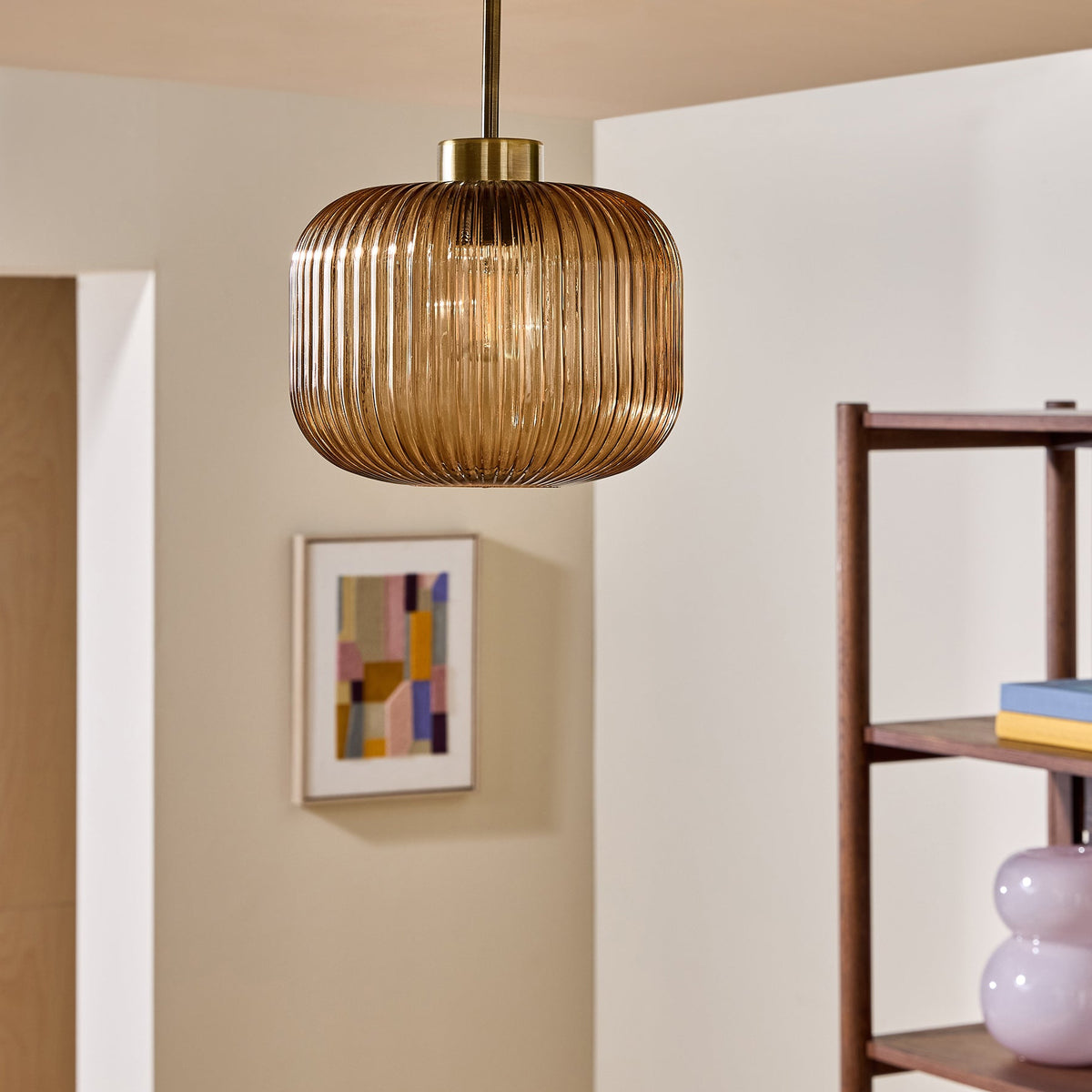Briz Semi Flush Ceiling Light in Antique Brass with Ribbed Amber Brown Glass Shade