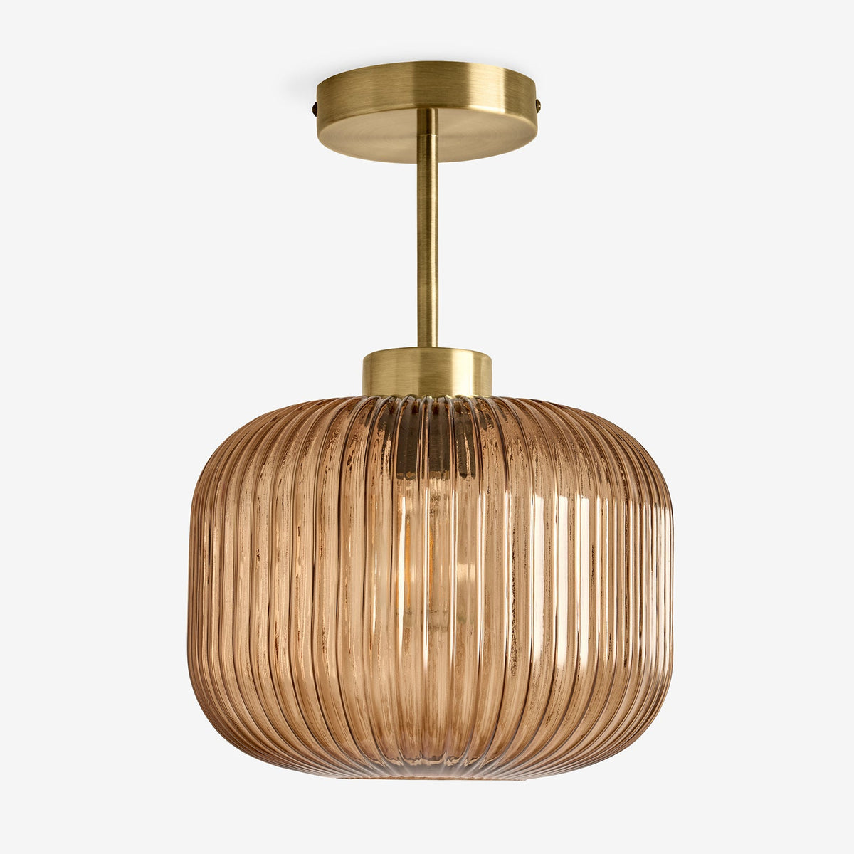 Briz Semi Flush Ceiling Light in Antique Brass with Ribbed Amber Brown Glass Shade