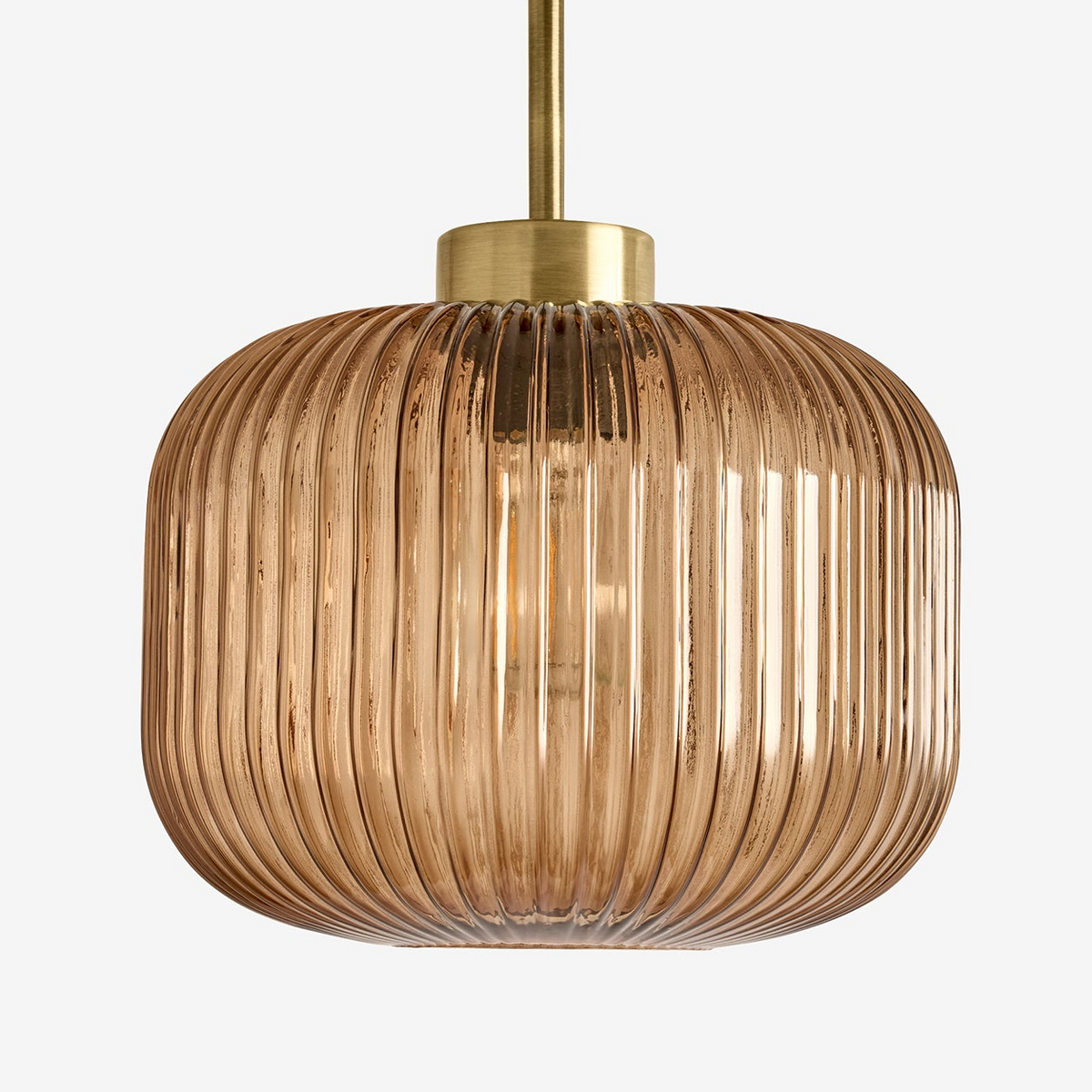 Briz Semi Flush Ceiling Light in Antique Brass with Ribbed Amber Brown Glass Shade
