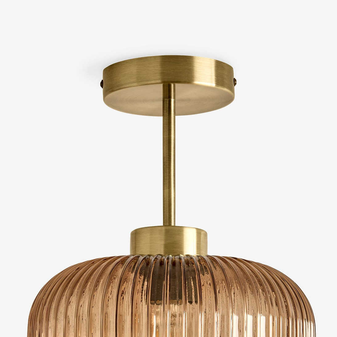 Briz Semi Flush Ceiling Light in Antique Brass with Ribbed Amber Brown Glass Shade