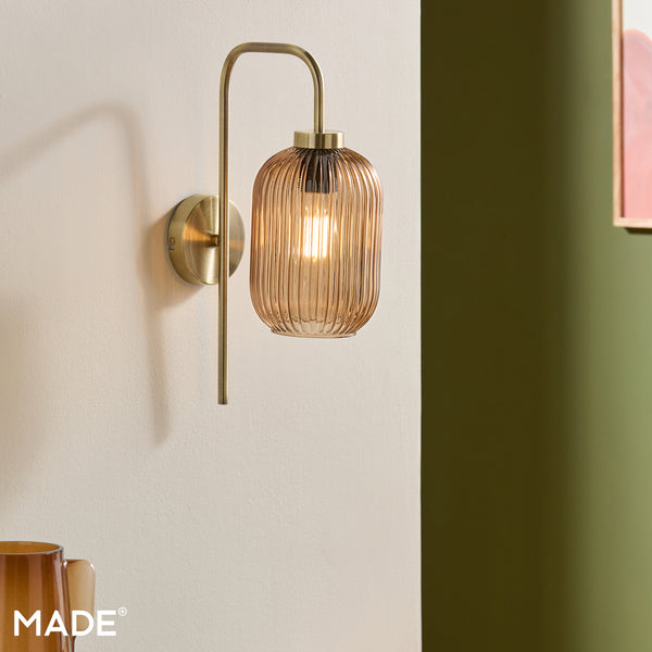 Briz Wall Light in Antique Brass with Ribbed Amber Brown Glass Shade