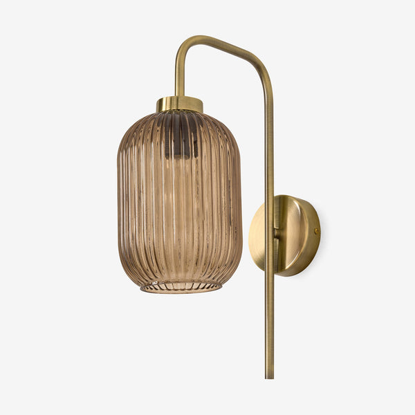 Briz Wall Light in Antique Brass with Ribbed Amber Brown Glass Shade