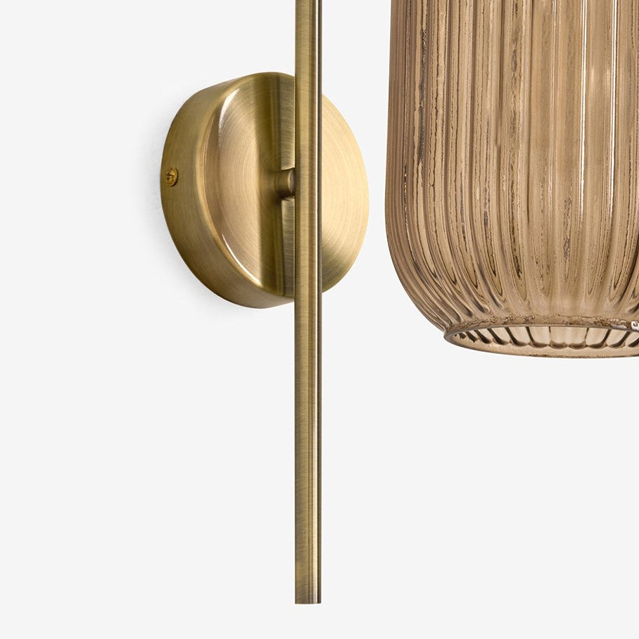 Briz Wall Light in Antique Brass with Ribbed Amber Brown Glass Shade
