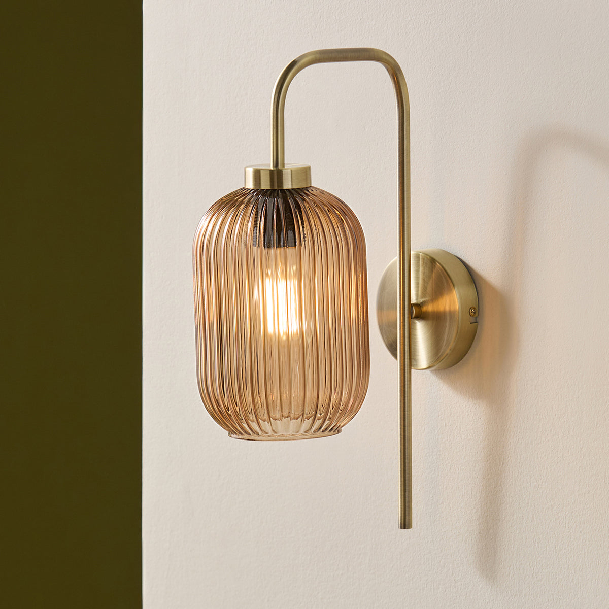 Briz Wall Light in Antique Brass with Ribbed Amber Brown Glass Shade