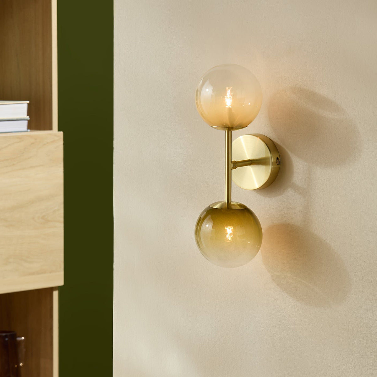 Globe Wall Light in Brushed Brass with Green Ombre Glass Shades