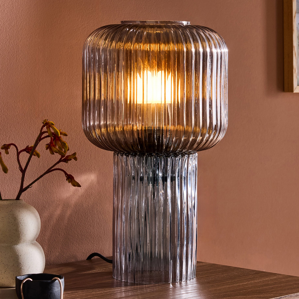 Briz Grey Glass Table Lamp with Grey Ribbed Glass Shade