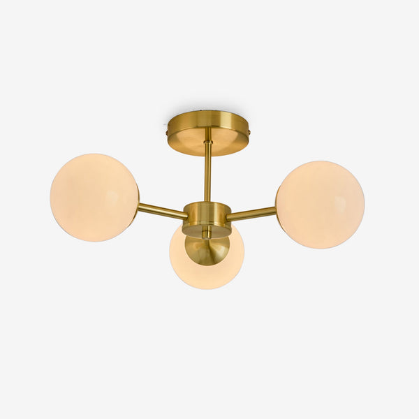 Globe 3 Light Semi Flush Ceiling Light in Brushed Brass with Opal Shades