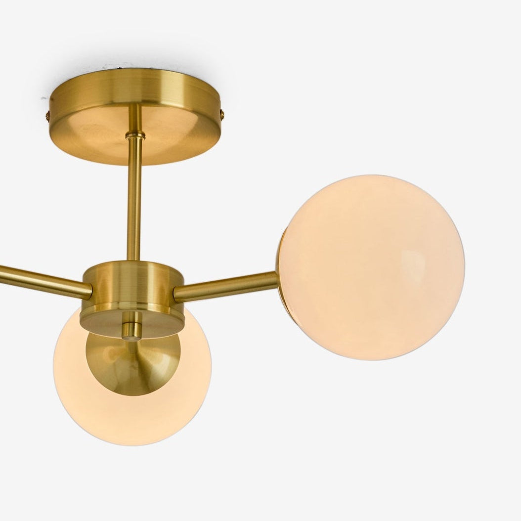 Globe 3 Light Semi Flush Ceiling Light in Brushed Brass with Opal Shades