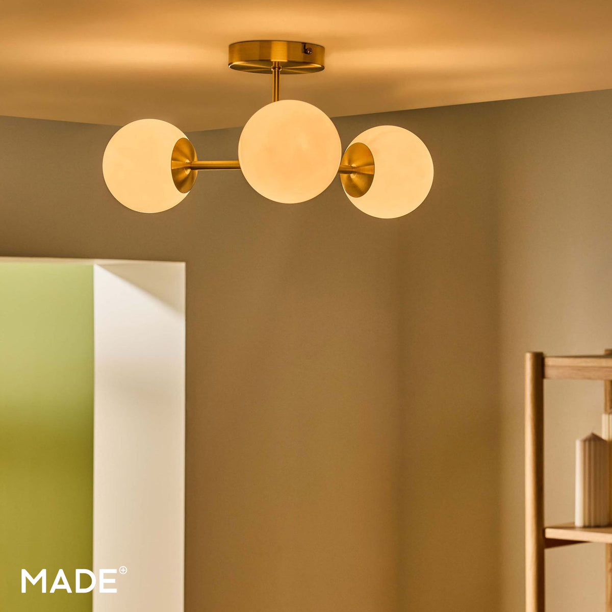 Globe 3 Light Semi Flush Ceiling Light in Brushed Brass with Opal Shades