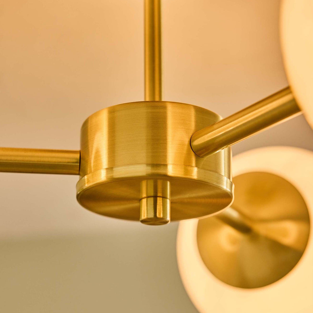 Globe 3 Light Semi Flush Ceiling Light in Brushed Brass with Opal Shades