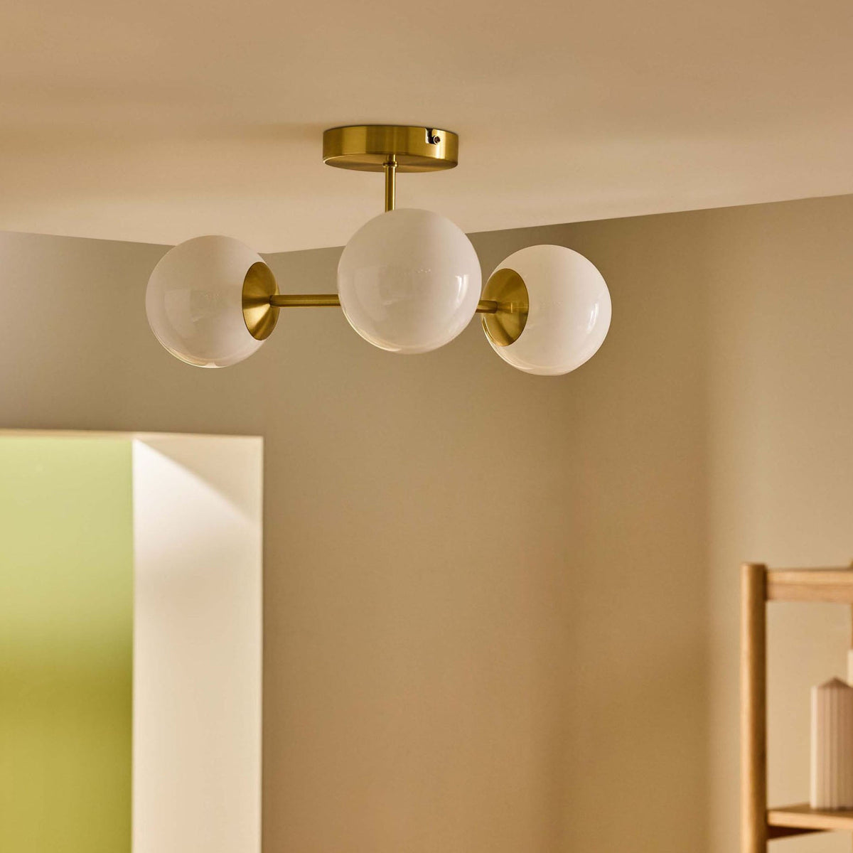 Globe 3 Light Semi Flush Ceiling Light in Brushed Brass with Opal Shades