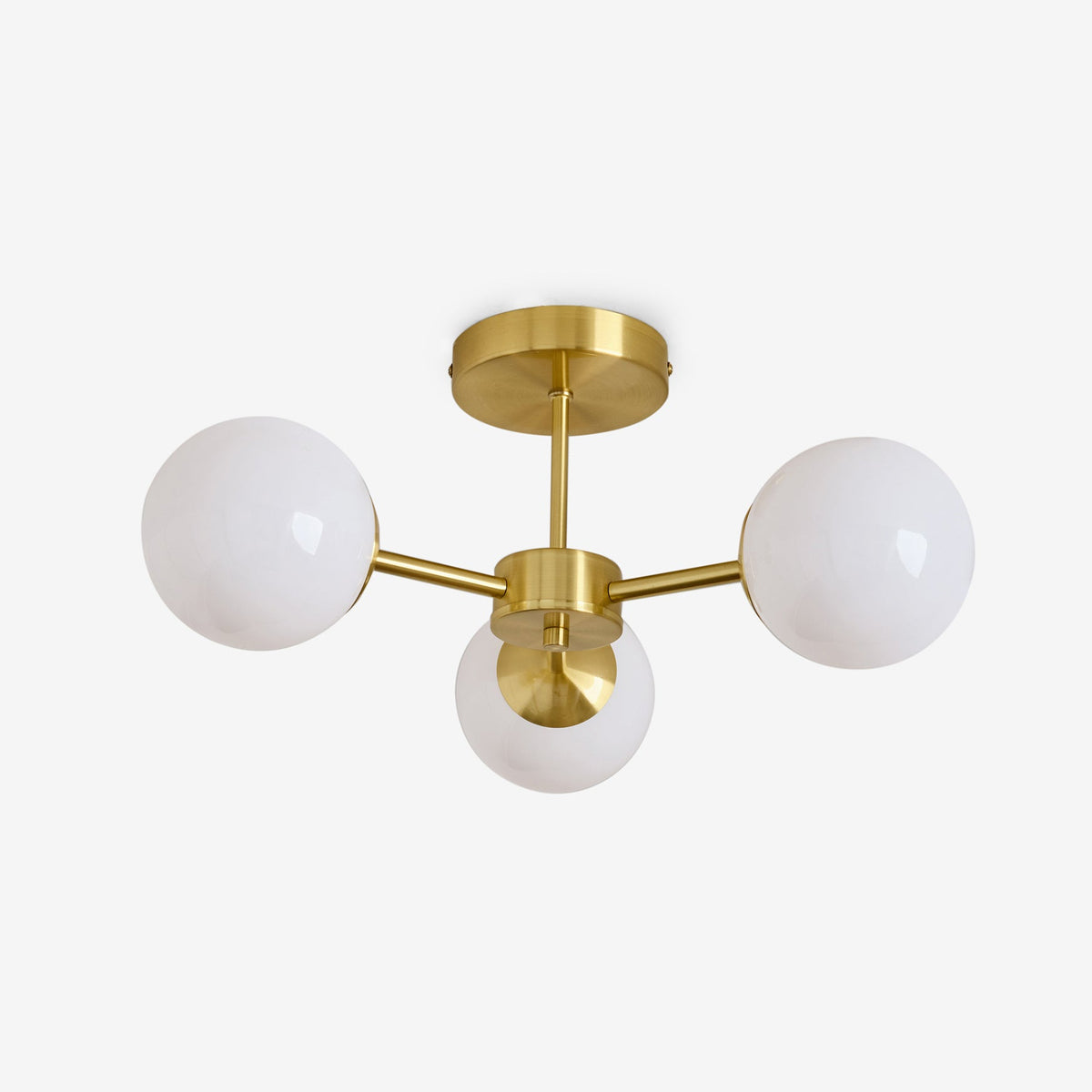 Globe 3 Light Semi Flush Ceiling Light in Brushed Brass with Opal Shades