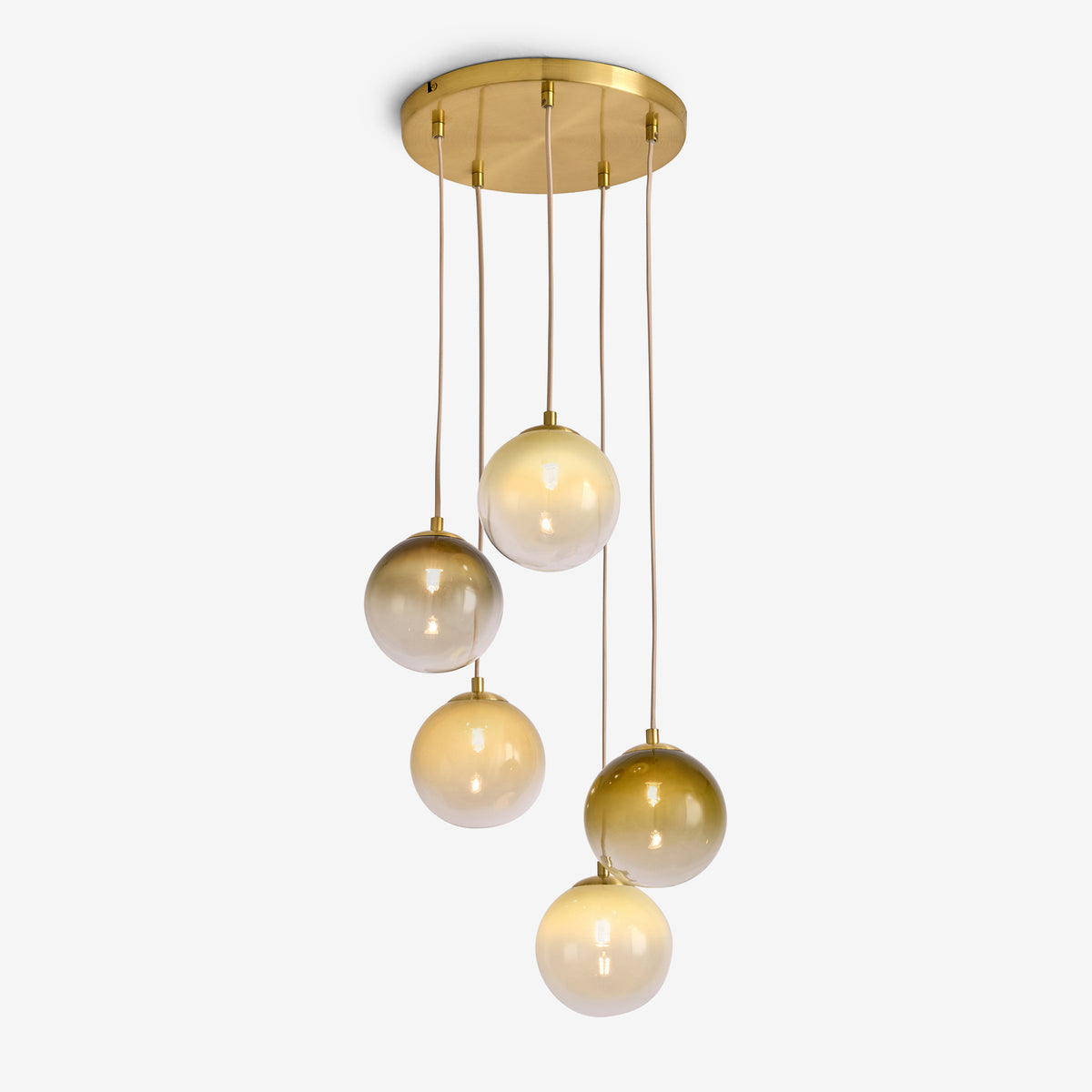 Globe 5 Light Cluster Pendant in Brushed Brass with Green Ombre Glass Shades