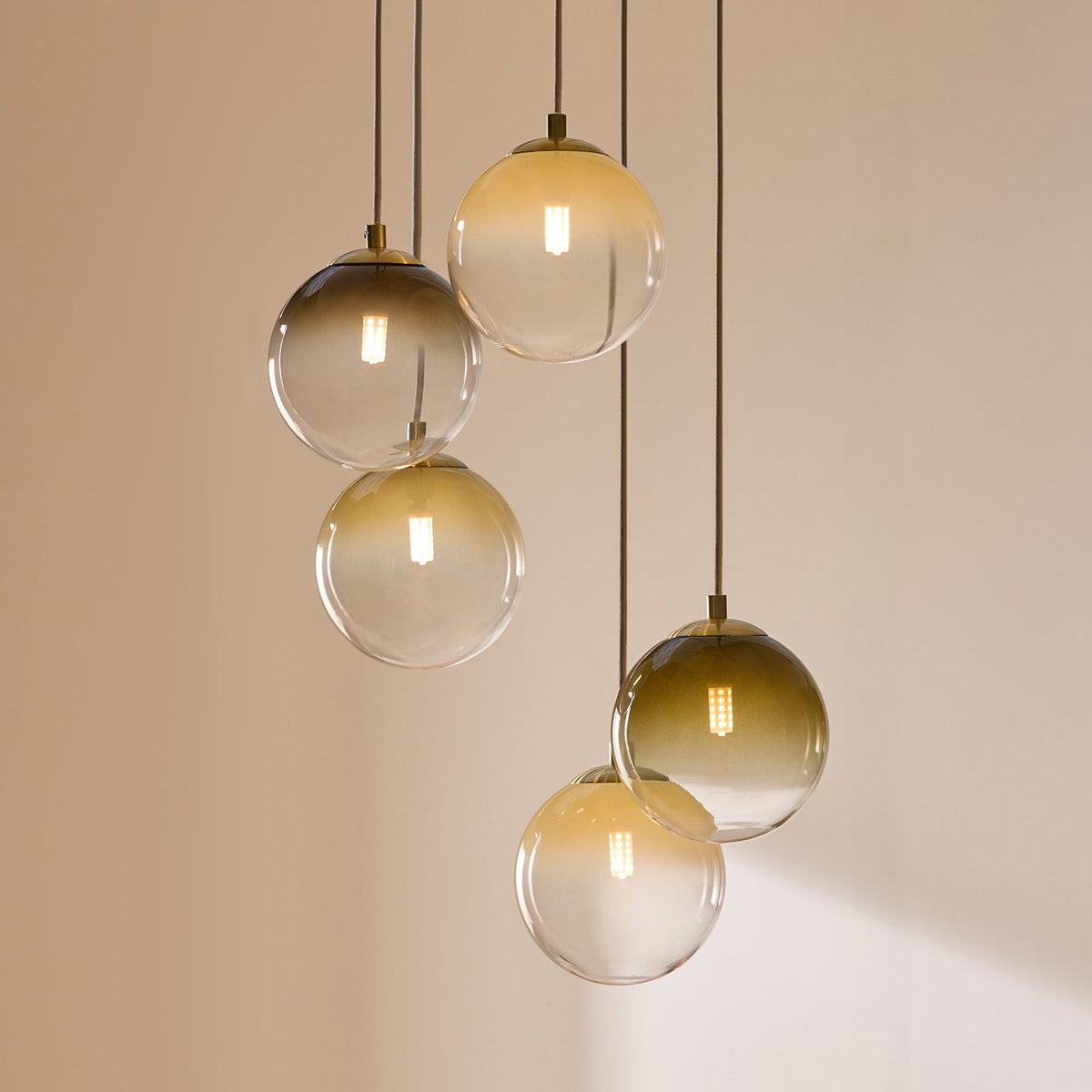 Globe 5 Light Cluster Pendant in Brushed Brass with Green Ombre Glass Shades