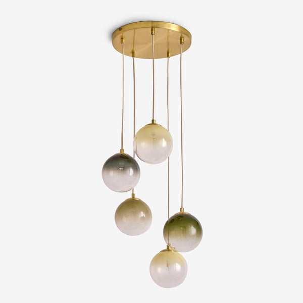 Globe 5 Light Cluster Pendant in Brushed Brass with Green Ombre Glass Shades