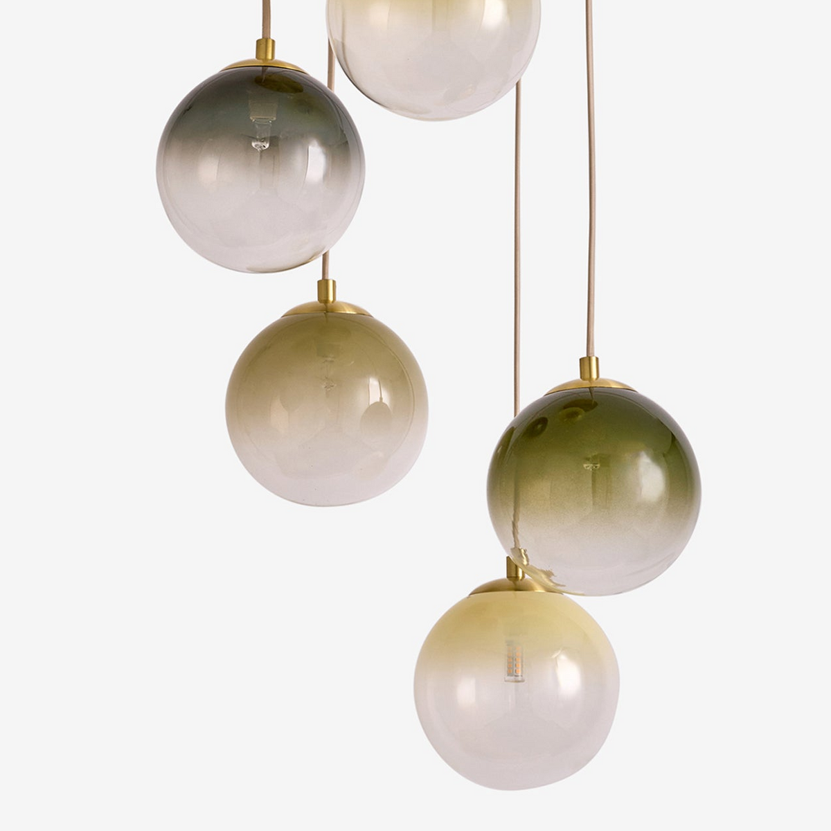 Globe 5 Light Cluster Pendant in Brushed Brass with Green Ombre Glass Shades