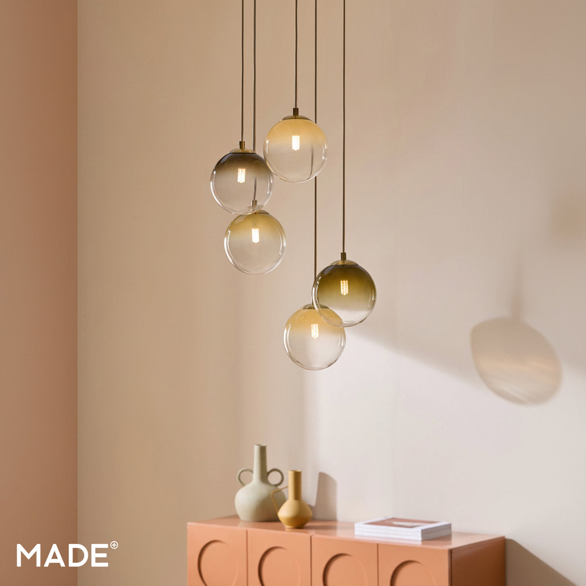 Globe 5 Light Cluster Pendant in Brushed Brass with Green Ombre Glass Shades