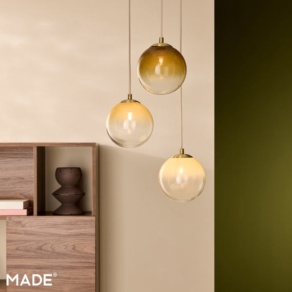Globe 3 Light Cluster Pendant in Brushed Brass with Green Ombre Glass Shades