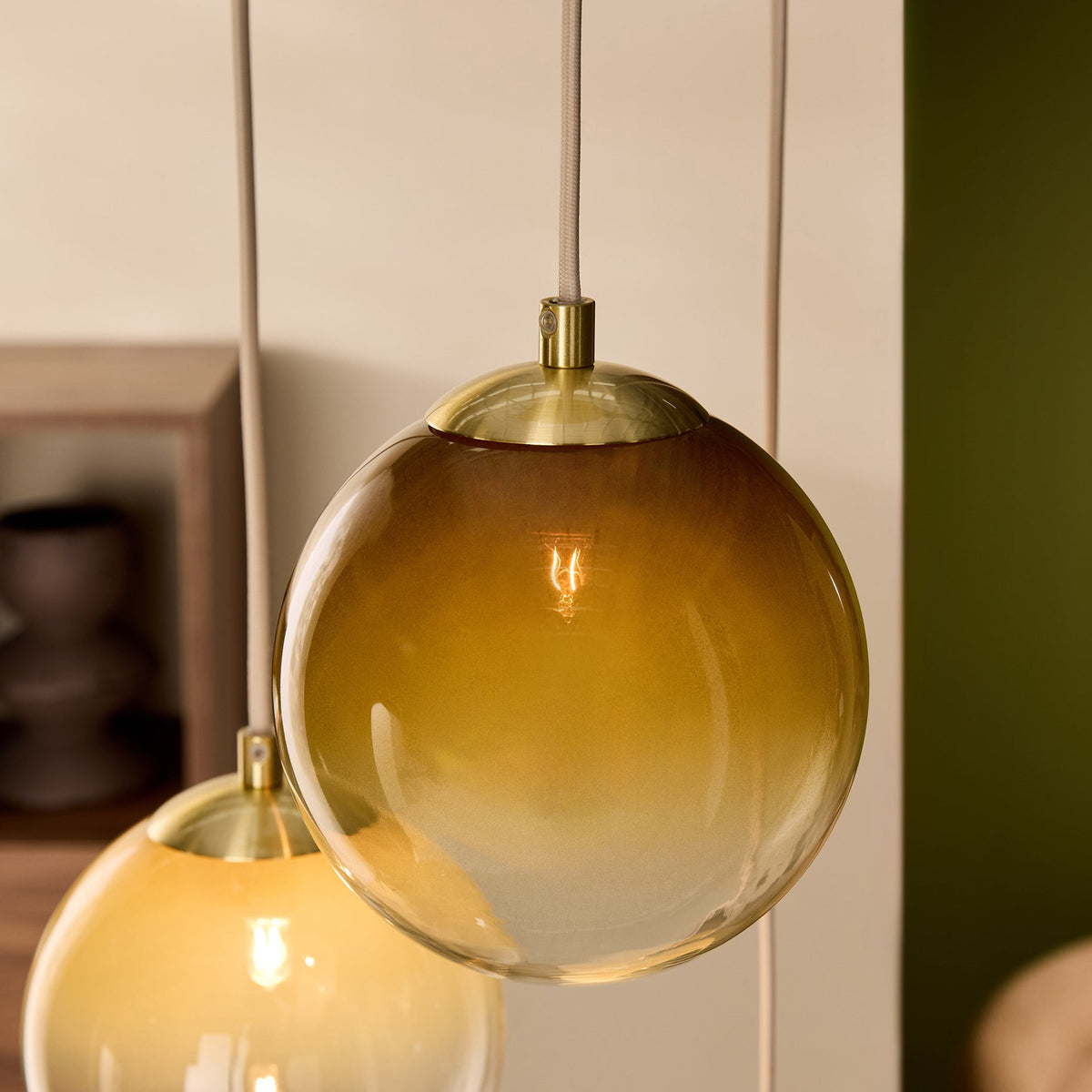 Globe 3 Light Cluster Pendant in Brushed Brass with Green Ombre Glass Shades