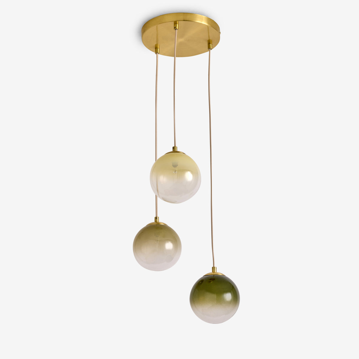 Globe 3 Light Cluster Pendant in Brushed Brass with Green Ombre Glass Shades