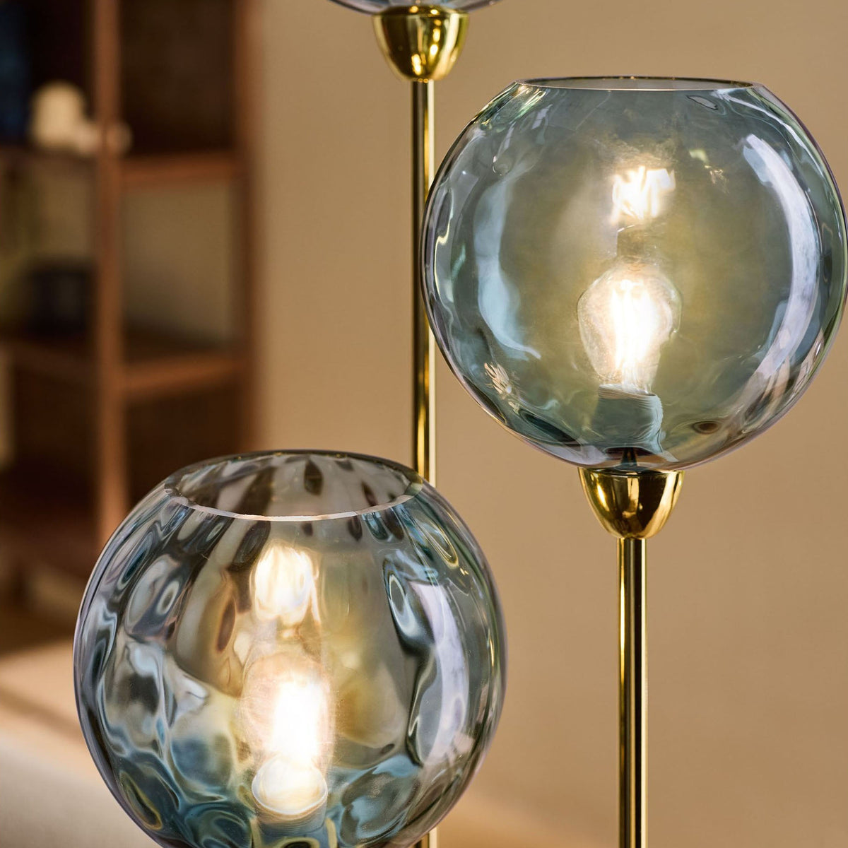 MADE COM Ilaria 3 light floor lamp with polished brass stand and blue dimple glass shades