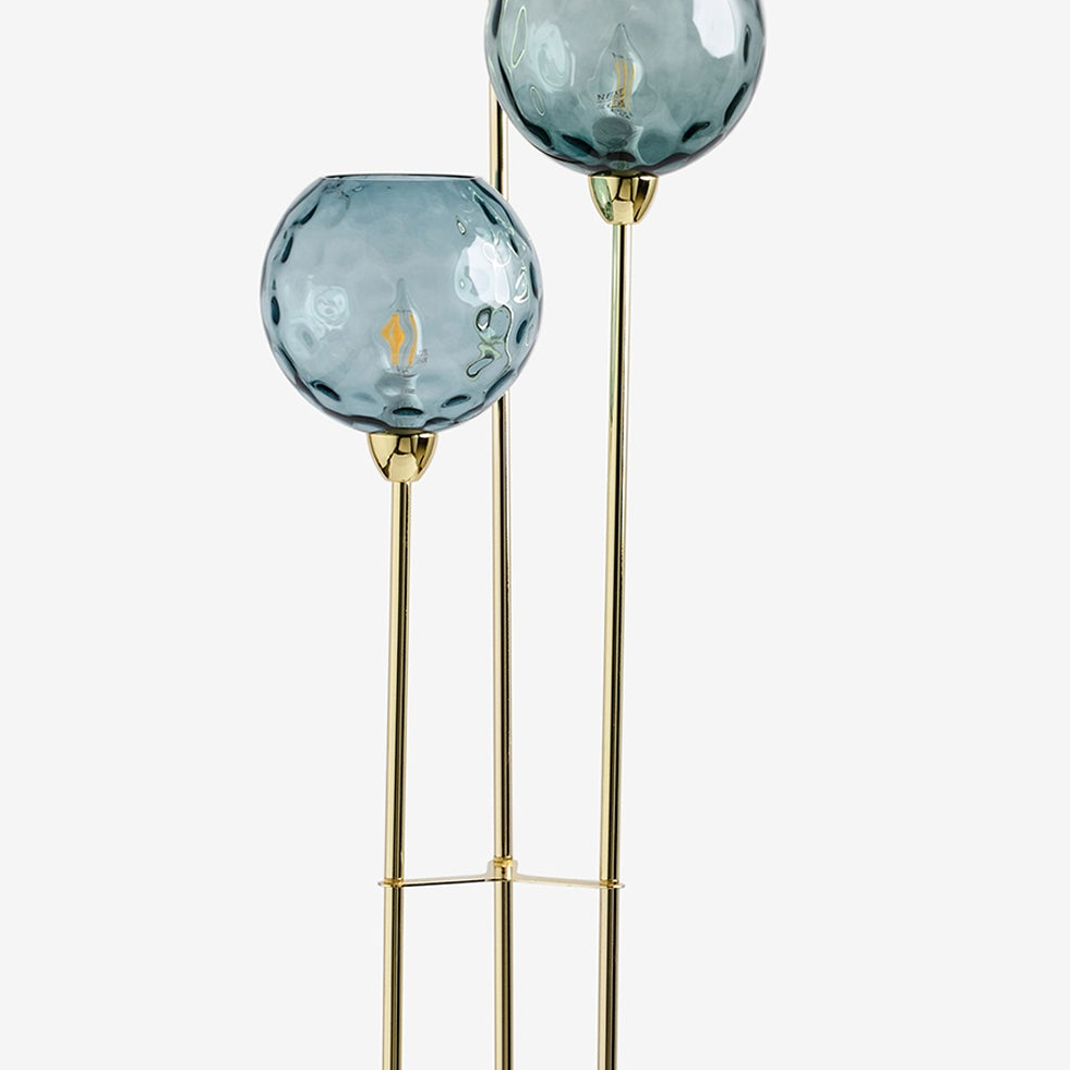 MADE.COM Ilaria 3 light floor lamp with polished brass stems and blue dimple glass shades