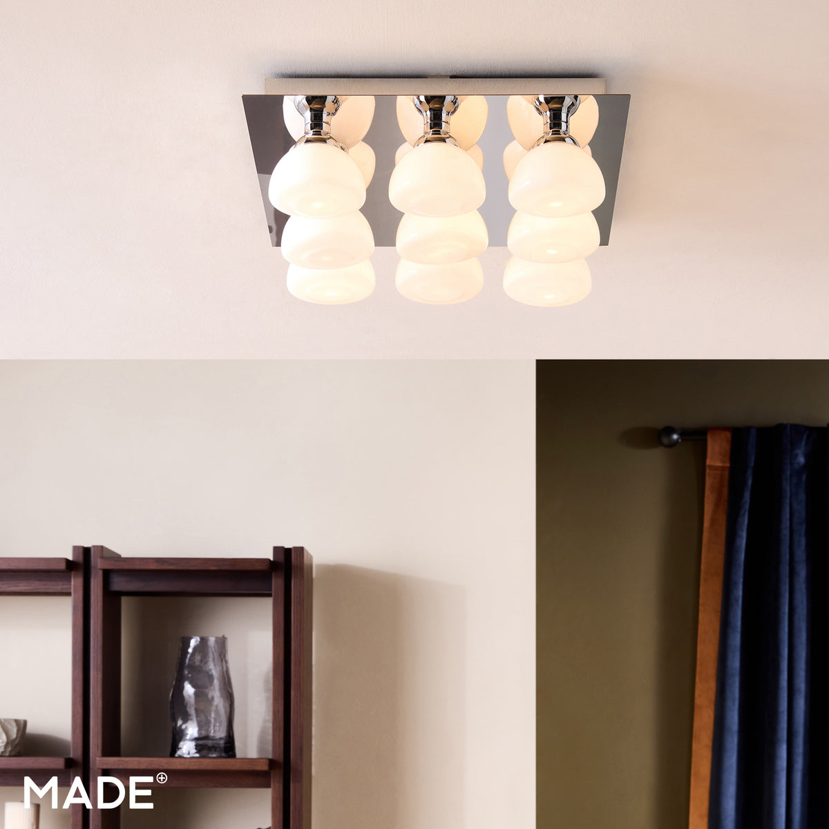 Monroe Semi Flush Ceiling Light in Polished Chrome with Opal Glass Shades