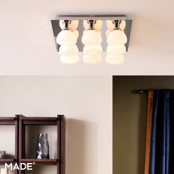 Monroe Semi Flush Ceiling Light in Polished Chrome with Opal Glass Shades