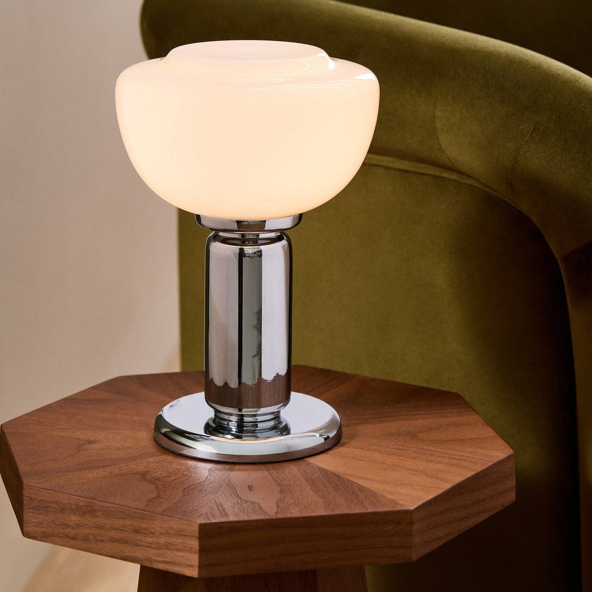 Monroe Table Lamp in Polished Chrome with Opal Glass Shade