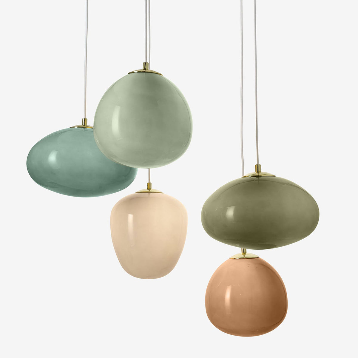 Adrianne Diner Cluster Pendant In Matt White with Green & Neutral Toned Glass Shades