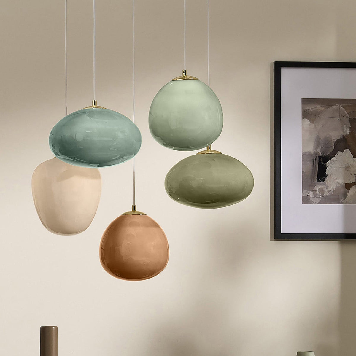 Adrianne Diner Cluster Pendant In Matt White with Green & Neutral Toned Glass Shades