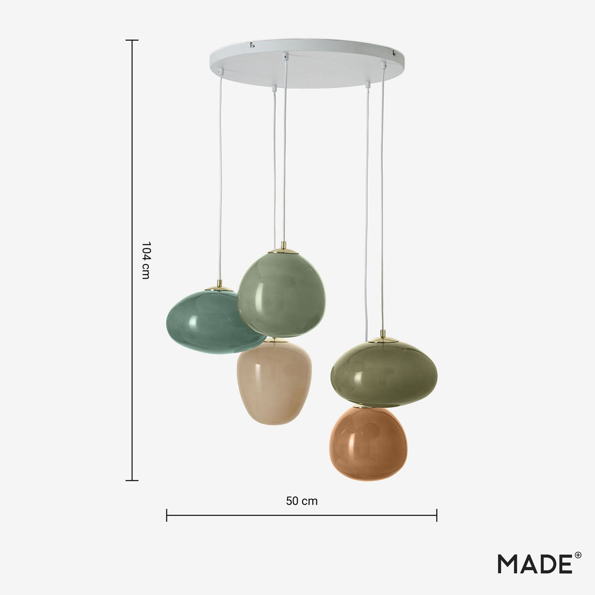 Adrianne Diner Cluster Pendant In Matt White with Green & Neutral Toned Glass Shades