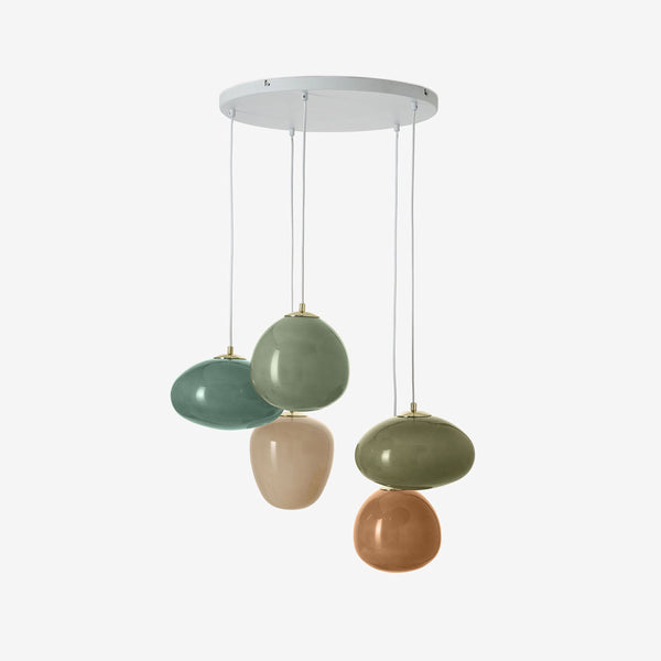 Adrianne Diner Cluster Pendant In Matt White with Green & Neutral Toned Glass Shades