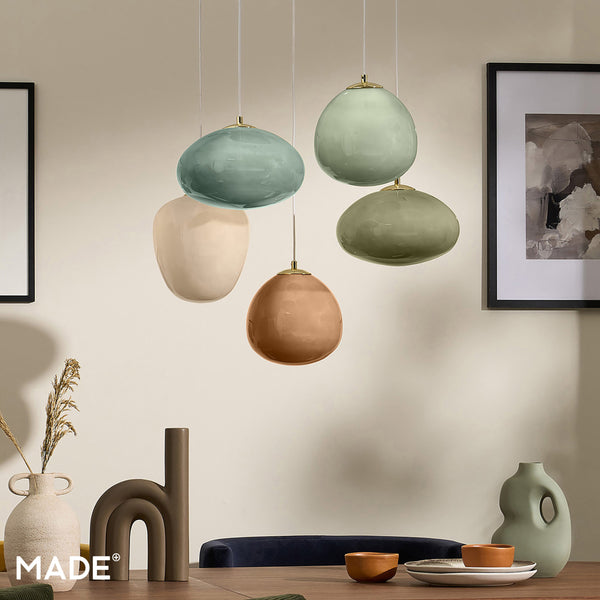 Adrianne Diner Cluster Pendant In Matt White with Green & Neutral Toned Glass Shades