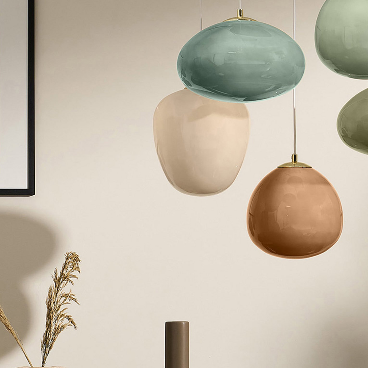 Adrianne Diner Cluster Pendant In Matt White with Green & Neutral Toned Glass Shades