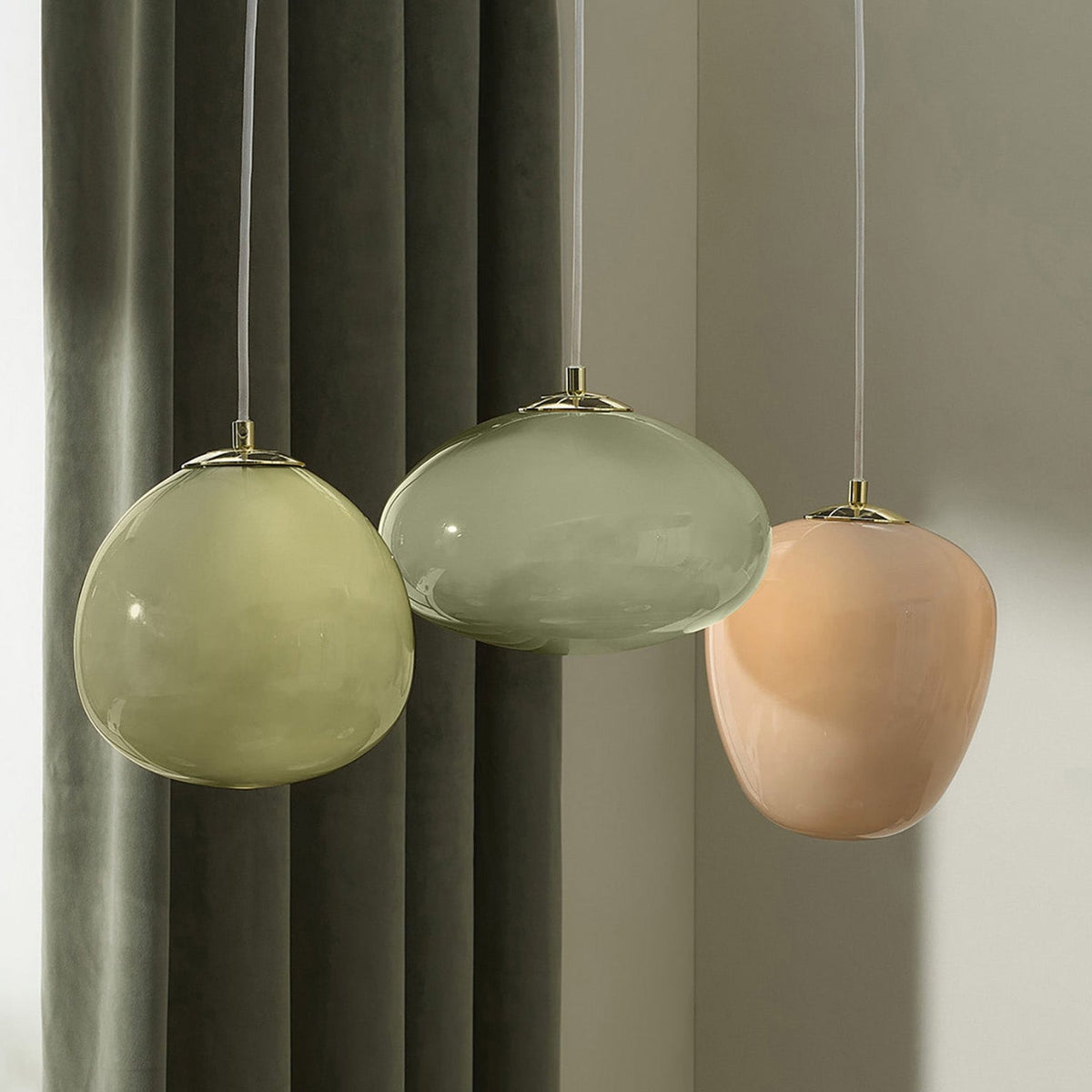 Adrianne Linear Pendant In Matt White with Green & Neutral Toned Glass Shades