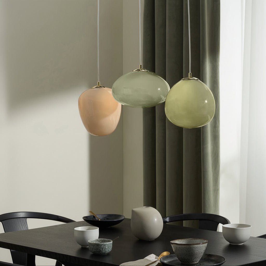 Adrianne Linear Pendant In Matt White with Green & Neutral Toned Glass Shades