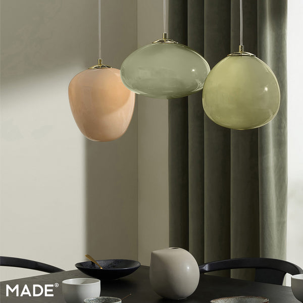 Adrianne Linear Pendant In Matt White with Green & Neutral Toned Glass Shades