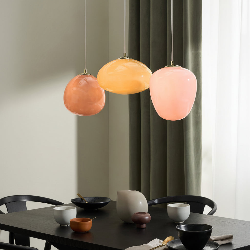 Adrianne Linear Pendant In Matt White with Pink & Amber Toned Glass Shades