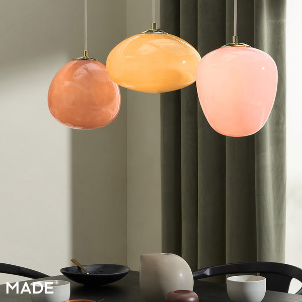 Adrianne Linear Pendant In Matt White with Pink & Amber Toned Glass Shades