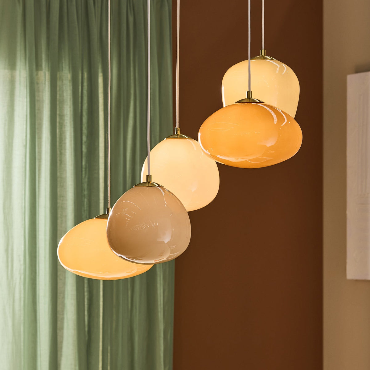 Adrianne Diner Cluster Pendant In Matt White with Amber & Neutral Toned Glass Shades