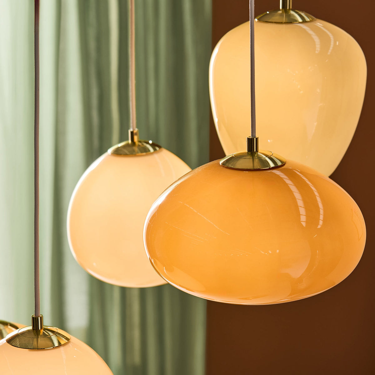 Adrianne Diner Cluster Pendant In Matt White with Amber & Neutral Toned Glass Shades