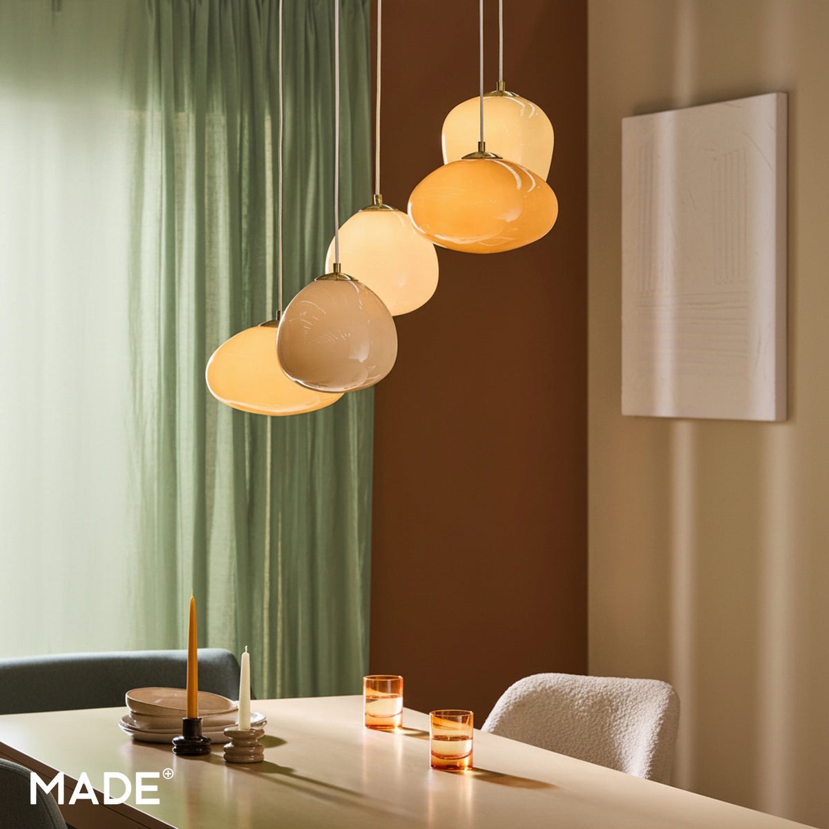 Adrianne Diner Cluster Pendant In Matt White with Amber & Neutral Toned Glass Shades