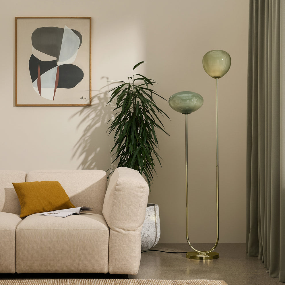 Adrianne Floor Lamp in Polished Brass with Green Toned Glass Shades